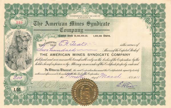 American Mines Syndicate Co. - Stock Certificate